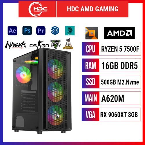 HDC AMD GAMING Ryzen 5 7500F / RAM 16GB / SSD 500GB NVME M.2 / A620M / RX 9060 XT 8GB